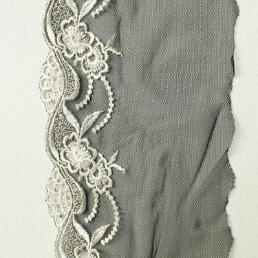 Black Soft Net Lace Trim with White Embroidered Flowers 5 1/2 inches wide